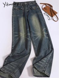 Jeans pour femmes Yitimoky Vintage Bleu pour femmes 2023 Mode Lâche Taille haute Casual Lavé Do Old Straight Wide Leg