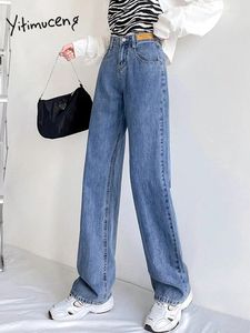 Jeans pour femmes Yitimuceng taille haute pour femme 2024 pantalon large jambe denim bleu blanc vintage streetwear droite maman pleine longueur