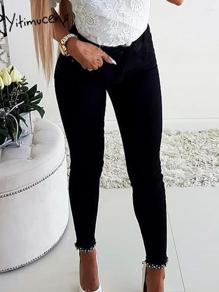 Jeans de mujer Yitimuceng Pockets sólidos para mujeres 2024 Fashion Bow Chic Vintage de cintura alta con cremallera Slim Skinny