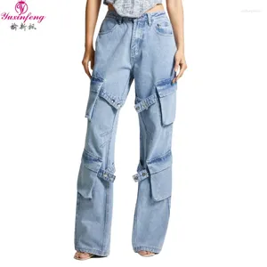 Jeans de mujer Yuxinfeng Fashion Fashion Vintage Woman 2024 Múltiples bolsillos VENDAJE DEL VENTAJE CARGA DELINM CARGO LOLE CARGO