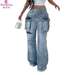 Damesjeans YuxInfeng Personaliseerde Fashion Cargo Pants Big Pocket Design Casual Woman High Waisde rechte broek Autumn