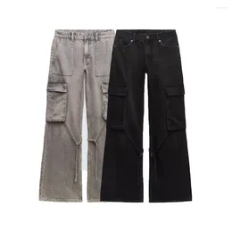 Jeans da donna Zach AiIsa Moda autunnale Versatile retrò Tasche larghe da viaggio Stile abbigliamento da lavoro Pantaloni a gamba larga in denim a vita media