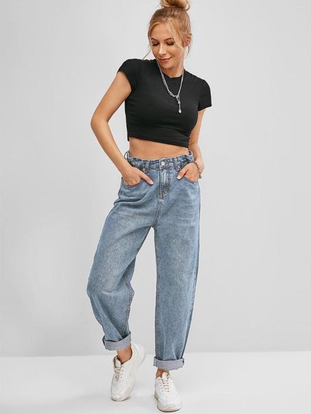 Jeans pour femmes ZAFUL Poches Bleach Wash Paperbag Femmes Taille Haute Lâche Demin Pantalon Y2K Mode Bas Cargo