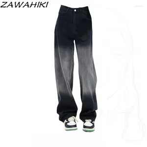 Jeans pour femmes Zawahiki taille haute noir lavé dégradé droit denim pantalon femme printemps automne large jambe contraste couleur streetwear