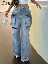 Jeans pour femmes zenaide vintage pantalon de cargaison droite femme grunge basse taille grandes poches décontractées couture de denim