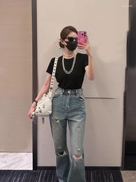 Jeans pour femmes Zhao Lusi Une célébrité avec le même bleu percé taille haute été 2023 Design Sense Niche Pantalon large