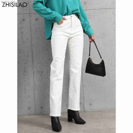 Damesjeans ZHISILAO Witte Jeans Dames Vintage Stretch Hoge Taille Rechte Wijde Pijpen Denim Broek Herfst 2021 Jeans Streetwear Q230901