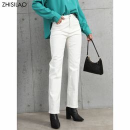 Damesjeans zhisilao witte jeans dames vintage stretch hoge taille rechte wide been denim broek herfst jeans streetwear 230306