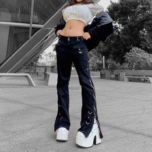 Jeans pour femmes fermeture éclair métal décoration foncé jambe droite pantalon femmes décontracté taille haute rue mode Y2K vêtements