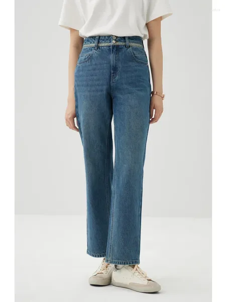 Jeans pour femmes Ziqiao All-Gatch Two-Color Coton Straight For Women 2024 Spring Style High-Waist Slim Nine Port Pantoureuse Femme