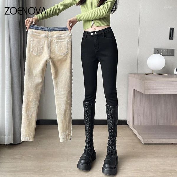 Jeans para mujer ZOENOVA 2023 Otoño Invierno Polar térmico Flaco Cálido Mujeres Terciopelo Casual Pantalones de lápiz grueso Pantalones de mezclilla básicos