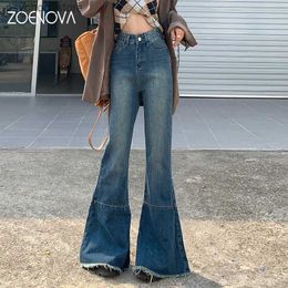 Damesjeans ZOENOVA 2023 Harajuku Kwastje Zomen Y2K Donkerblauw Hoge Taille Streetwear Jeans Baggy Dames Non Strech Recht Wijde Pijpen Flare Broek Q230901