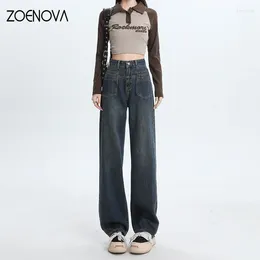 Jeans pour femmes zoenova automne vintage bleu foncé hauteur femme américaine 2024 streetwear de mode