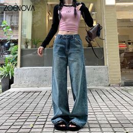 Damesjeans Zoenova Brand 2024 Spring American Fashion Wide Leg Pants Casual Retro Y2K Losse rechte denim broek