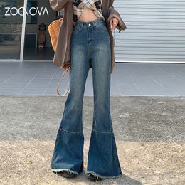 Jeans pour femmes ZOENOVA Harajuku Tassel Hems Y2K Bleu foncé Taille haute Streetwear Jeans Baggy Femmes Non Strech Straight Wide Leg Flare Pants 230314