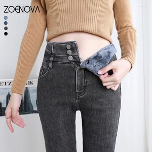 Damesjeans ZOENOVA Dik Fluwelen Dames Hoge Taille Skinny 2024 Winter Warm Fleece Slim Stretch Dames Casual Denim Potloodbroek