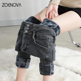 Jeans para mujer ZOENOVA Cálido Térmico Mujeres Invierno Y2K Mujer Denim Pantalones Jean Mujer Estiramiento Alto Cintura Retro Flaco Espesar Mamá 2024