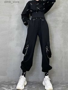 Damesjeans Zoki Harajuku Vrouwen Vrachtpartnersmodeketen Gothic BF Sweatpants Zwart Elastische High Taille Strtwear Vrouwelijke hiphopbroeken Y240408