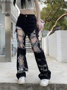 Jeans Femme Zoki Hip Hop trou jean femmes Y2K Streetwear Harajuku évider Denim pantalon américain rétro taille haute femme pantalon droitC24318