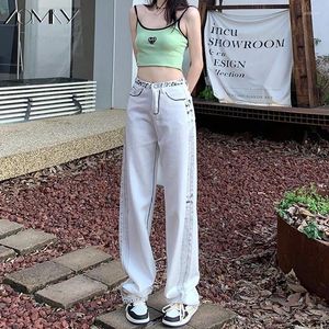 Jeans pour femmes Zomey Y2k 2024 Spring Summer Street Babes blanc Dirty Design Striped Straight Loose Loose Wide Jam Lem Pantalon Coton