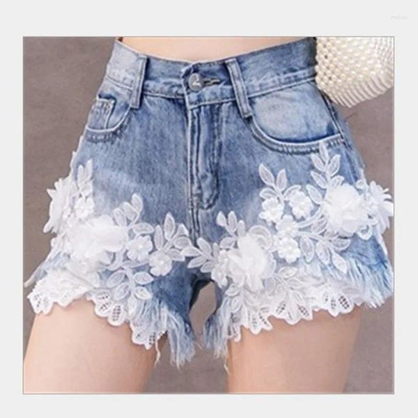 Jeans para mujer ZXRYXGS 2023 Flores de encaje blanco Denim Mujeres Moda Vaquero Shorts Bordado Rebordear Tamaño grande