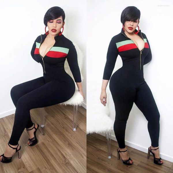 Combinaisons femme 2023 Bodycon Jumpsuit Body Femme Manches Longues Salopette F0504 EST Noir Combishort Pantalon Poitrine Fermeture Éclair