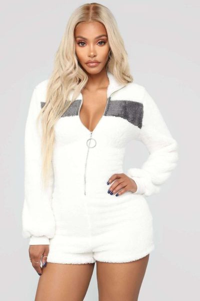 Monos de mujer AHVIT Otoño Invierno blanco de felpa de moda mono de mujer con cuello vuelto de manga larga mono Casual con cremallera frontal Catsuit