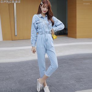 Dames jumpsuits blauwe bodycon jeans jumpsuit dames elastische hoge taille rompertjes zak lange mouw bodysuit mode tuniek dames denim