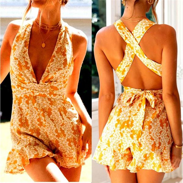 Combinaisons pour femmes Boho Floral Romper Tenues globales Femmes Bandage sans manches Dos ouvert Slim Jumpsuit Playsuit Summer Deep V Neck Ruffle