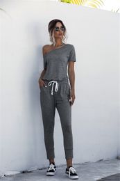 Vrouwen Jumpsuits Decoratie Schuine Kraag Korte Mouw Midden Taille Ultra Dunne Jumpsuit Damesmode Kleding 230710