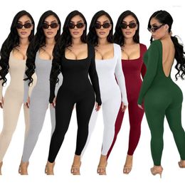 Jumpsuits voor dames Europese en Amerikaanse Amazon Solid Color Square kraag terug diep V Lange mouw yoga fitness jumpsuit vrouwen op voorraad