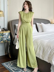 Jumpsuits voor dames nieuwe zomer long jumpsuit vrouwen elegante mode groene zakken vouwen hoge taille wijd been broek mujer vakantiefeest banket rompers 2024