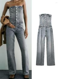 Dames jumpsuits off-shoulder blauw Jean vrouw jumpsuit zomer denim dames ruches lange overalls streetwear backless