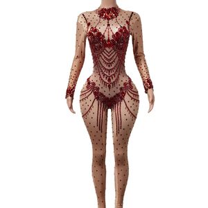 Jumpsuits voor dames Red Rhinestones Elastische Play Pak Panty Nightclub Pole Dancing Women Luxury Jumpsuits Bar DS Dancing Costumes Acrobatische kleding