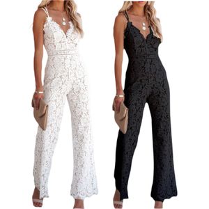 Monos de mujer Romper Mono elegante Tirantes finos Cuello en V Color sólido Encaje Espalda abierta Una pieza Pierna ancha Mono largo 230714