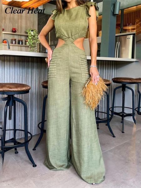 Combinaisons pour femmes Romper Ruffle Hollow Out Jumpsuit Fashion Solid Round Neck Short Sleeve Open Waist Wide Leg Set Loose Body 230713