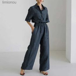 Jumpsuits voor dames Rompertjes 100% linnen jumpsuits voor dames Top met korte mouwen + wijde broek Overall Romper Street chic Elegante outfit uit één stuk DamesL240111