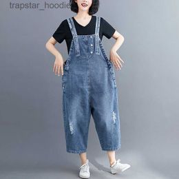 Jumpsuits voor dames Rompertjes #1410 Zomeroverall Denim Katoen Wijde pijpen jumpsuits voor dames Losse gaten Casual spaghettibandjes Gescheurde denim jumpsuit Dames L230921