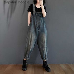 Dames Jumpsuits Rompertjes #1424 Verstelbare Spaghetti Band Denim Jumpsuit Dames Losse Vintage Jeans Jumpsuit Enkellange Single Breasted Overalls Dames L230921