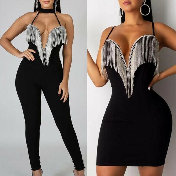 Combinaisons pour femmes barboteuses 1pc mode femmes combinaison dames col en v licou à bretelles moulante courte Mini fête pull barboteuse glands femme Clu