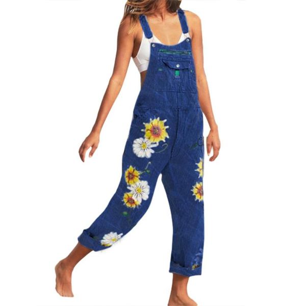 Monos de mujer, monos de verano 2021 para mujer, mono informal con peto, peto con estampado de girasol y bolsillos, monos holgados de tela vaquera