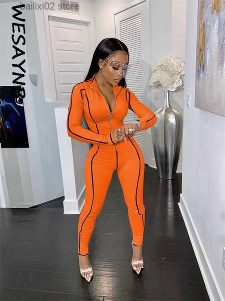 Combinaisons pour femmes Barboteuses 2022 Streetwear Skinny Combinaison Noir Fermeture Éclair Manches Longues Décontracté Sportif Orange Réservoir Une Pièce Tenues Combinaisons pour Sportwear T230922