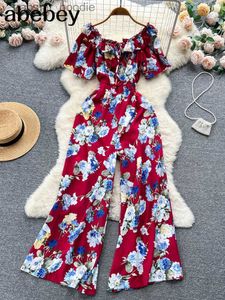 Dames Jumpsuits Rompertjes 2022 Dames Off-shoulderband Jurk Slash Neck Korte mouw Wijde pijpen Jumpsuits Zomer Bohémien Print Vakantie Lange speelpakje L230921