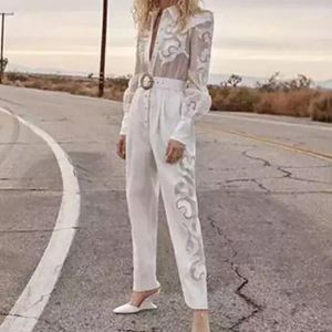 Jumpsuits voor dames rompers 2023 katoen wit kanten elegante turn down kraag prachtige geborduurde blouse top taille riem broek algehele jumpsu