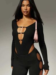 Combinaisons pour femmes Rompers 2023 Sexy tricobé une pièce Sautpuise femme BodySuit long Slve DP V-col