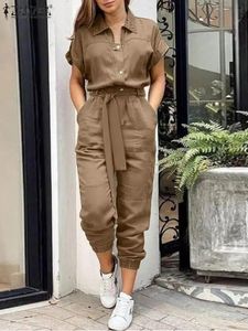 Women s Combinaisons Barboteuses 2023 ZANZEA mode été femmes élégant Cargo pantalon long combishorts Vintage solide revers cou manches courtes travail 231212