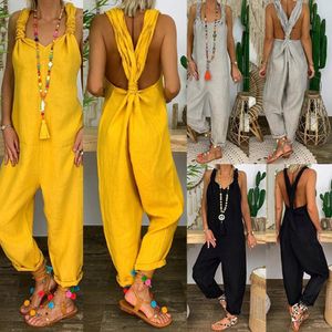 Women's Jumpsuits Rompers 80% SWomen Solid Color Bib Overall Sleeveless Backless Knotted Jumpsuit Dungarees 230322