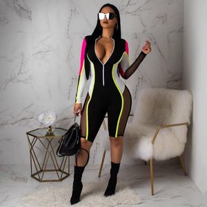 Dames Jumpsuits Rompertjes AHVIT Contrastkleur Gestreept Sexy playsuits Rits aan de voorkant Lange mouw Skinny romper Opstaande kraag Knielange broek