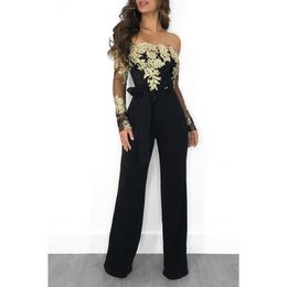 Combinaisons pour femmes Barboteuses Appliques Dentelle Patchwork Combinaison Femmes Sexy Hors Épaule Slash Cou À Manches Longues Élégant Pantalon Large Jambe Combinaison Salopette De Fête 230325