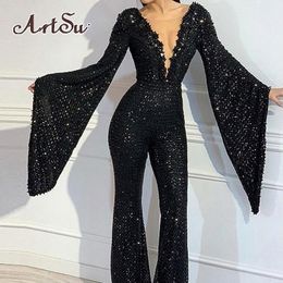 Jumpsuits voor dames rompers Artsubig Flare Sleeve Clubwear Women Fashion Sequins Party Jumpsuits Sexy Low Cut Long Pants Overalls Female Romper 230331